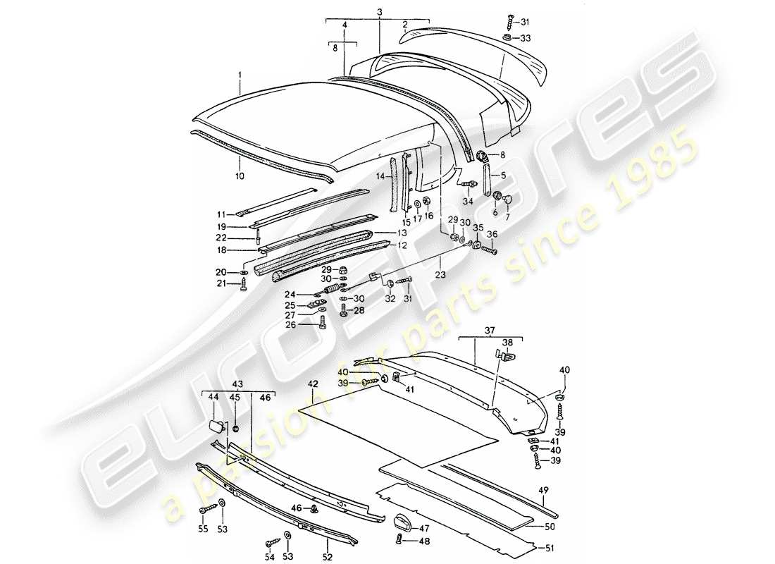porsche 1990 (964) convertible top covering - seal strip - single parts parts diagram