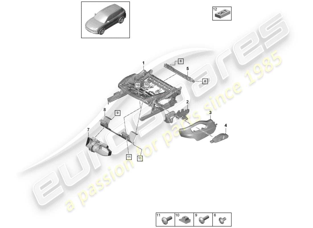 porsche 2019 (cayenne e3 9ya/9yb) seat frame standard seat parts diagram