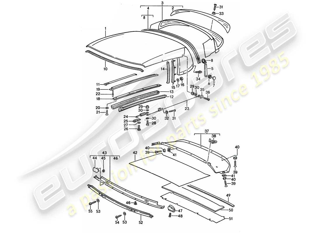 porsche 1988 (911) convertible top covering - seal strip - single parts part diagram