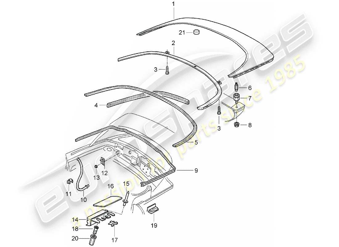 porsche 2002 (986 boxster) convertible top stowage box cover gaskets parts diagram