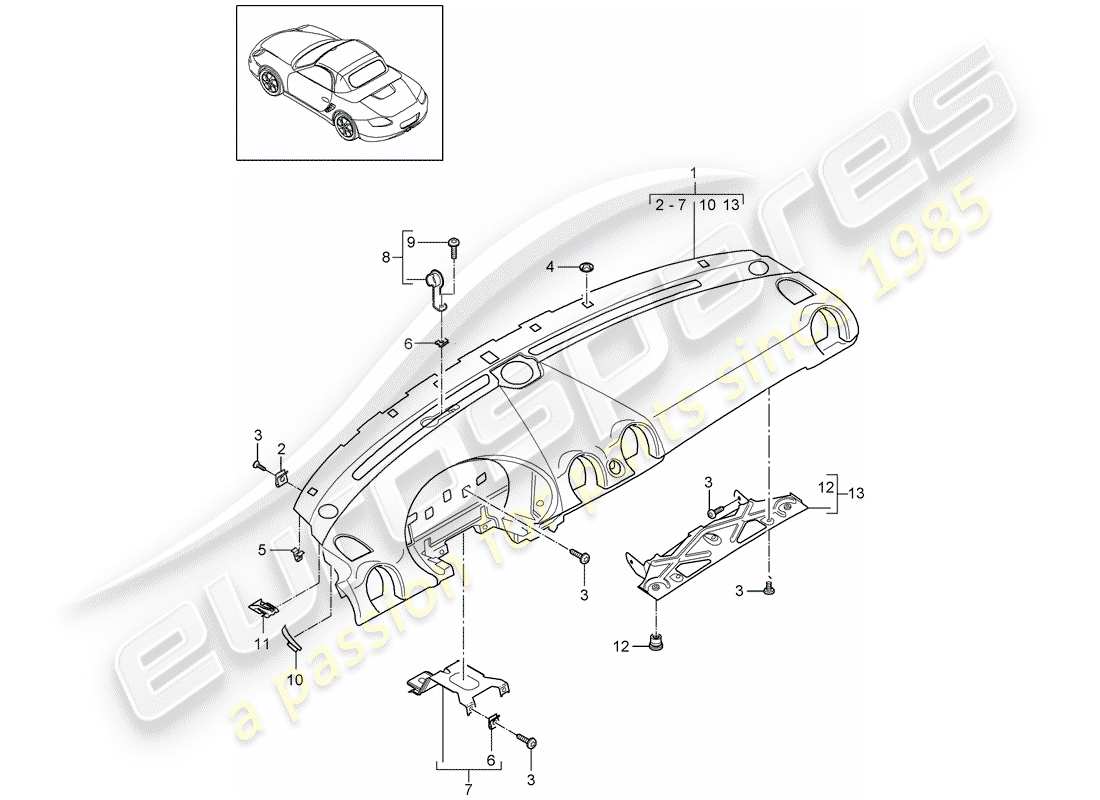porsche 2008 (987 boxster) instrument panel trim upper part with: fasteners parts diagram