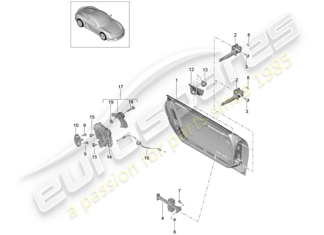 porsche 2016 (981 boxster spyder) door shell with installation parts door lock parts diagram