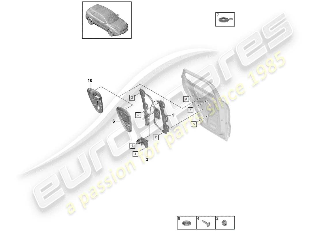 porsche 2019 (cayenne e3 9ya/9yb) window regulator rear assembly carrier parts diagram