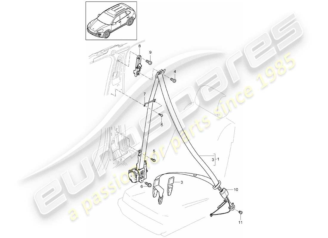 porsche cayenne e2 (2011) three-point seat belt parts diagram