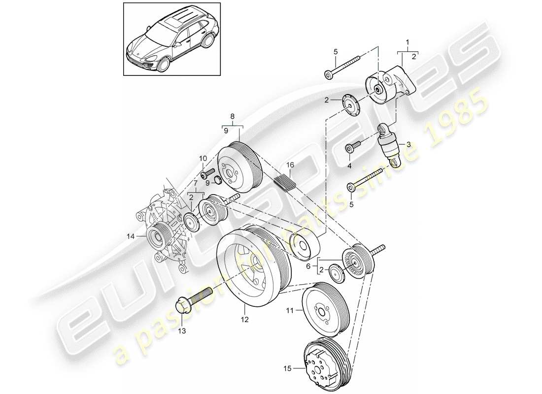 porsche 2011 (cayenne e2 92a) belt tensioner damper poly-v-belt part diagram