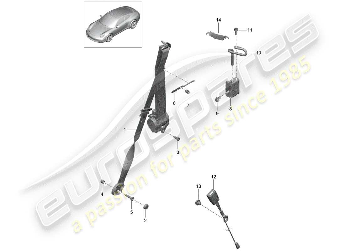 porsche 2014 (991-1) three-point safety belt front parts diagram