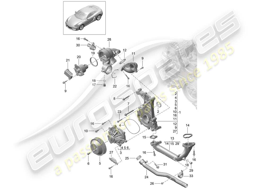 porsche 2015 (981 cayman) coolant pump thermostat housing part diagram