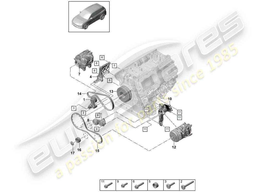 porsche 2020 (cayenne e3 9ya/9yb) poly-v-belt belt tensioner damper part diagram