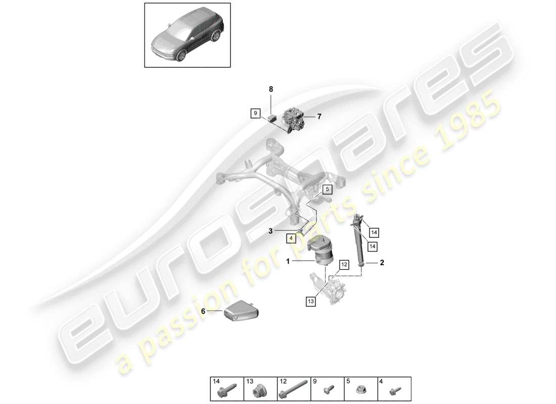 porsche 2020 (cayenne e3 9ya/9yb) air suspension air spring shock absorbers level sensor part diagram