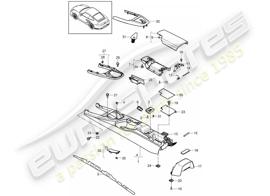 porsche 2011 (997-2 turbo / gt2 rs) center console parts diagram