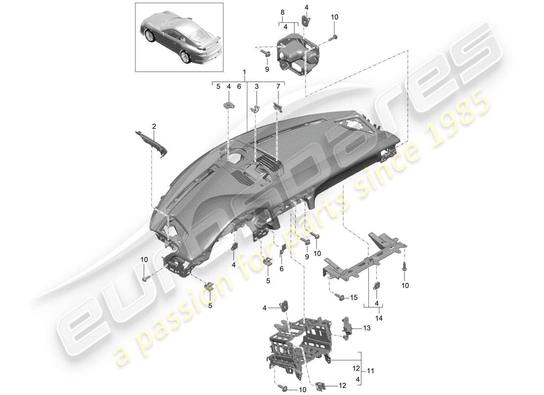 porsche 2014 (991-1 r/gt3/rs) instrument panel trim upper part included fasteners part diagram