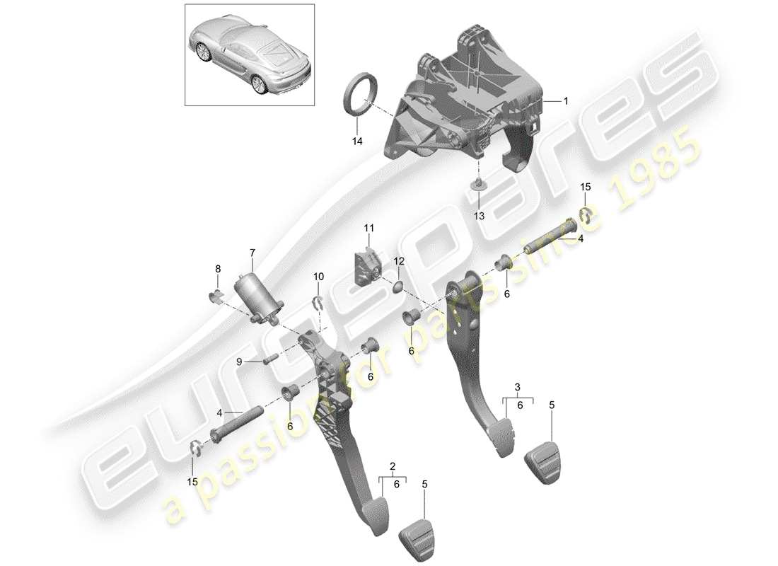 porsche 2016 (981 cayman gt4) brake and accel. lever mech. part diagram