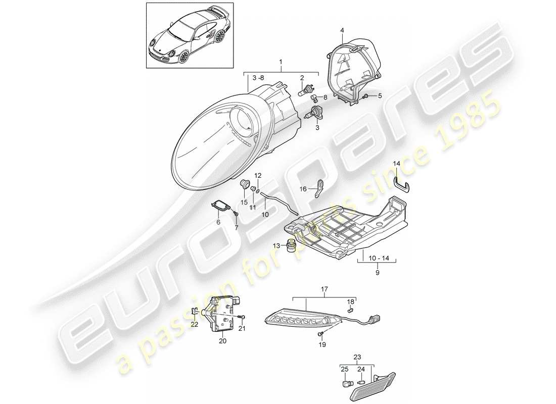 porsche 2011 (997-2 turbo / gt2 rs) headlamp parts diagram