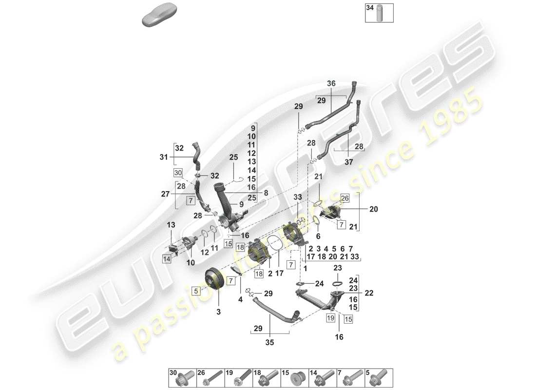 porsche 2020 (992-1) coolant pump thermostat thermostat housing parts diagram