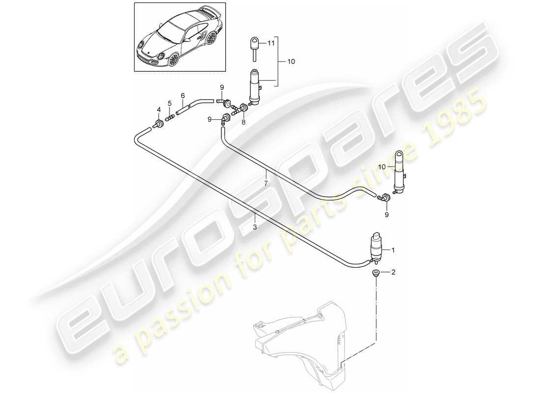 porsche 911 t/gt2rs (2011) headlight washer system parts diagram