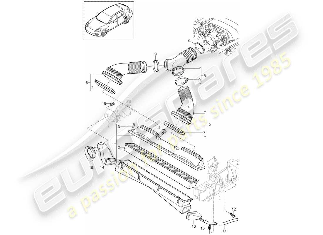 porsche 2016 (panamera 970) air filter with connecting parts parts diagram