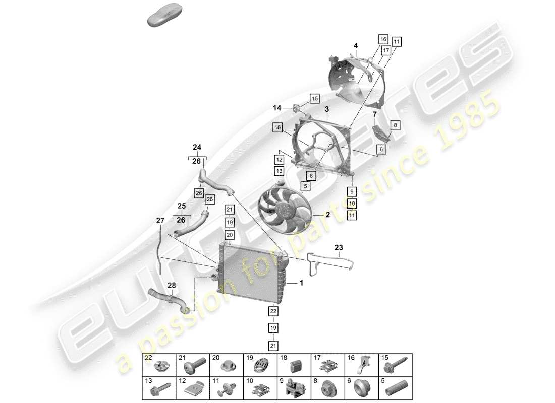 porsche 2019 (718 boxster spyder) cooler for coolant front radiator fan part diagram