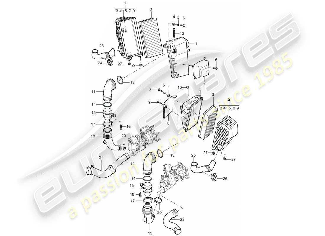 porsche 2003 (cayenne e1 9pa) air filter with connecting parts parts diagram