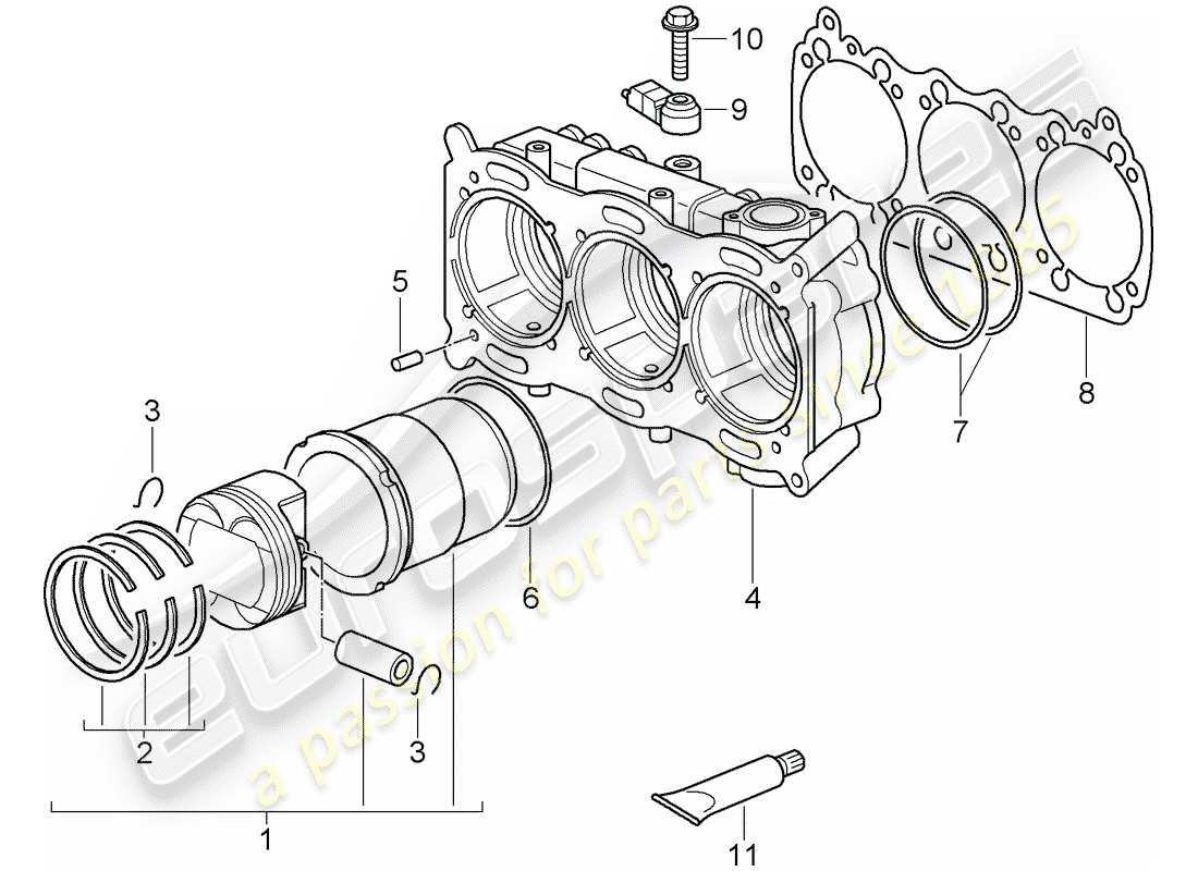porsche 997 gt3 (2009) cylinder with pistons parts diagram
