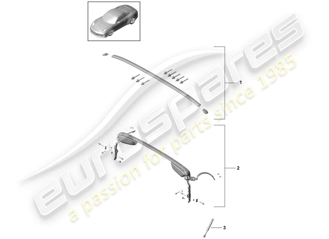 porsche 2014 (991-1 r/gt3/rs) top frame roof arch gas filled strut part diagram