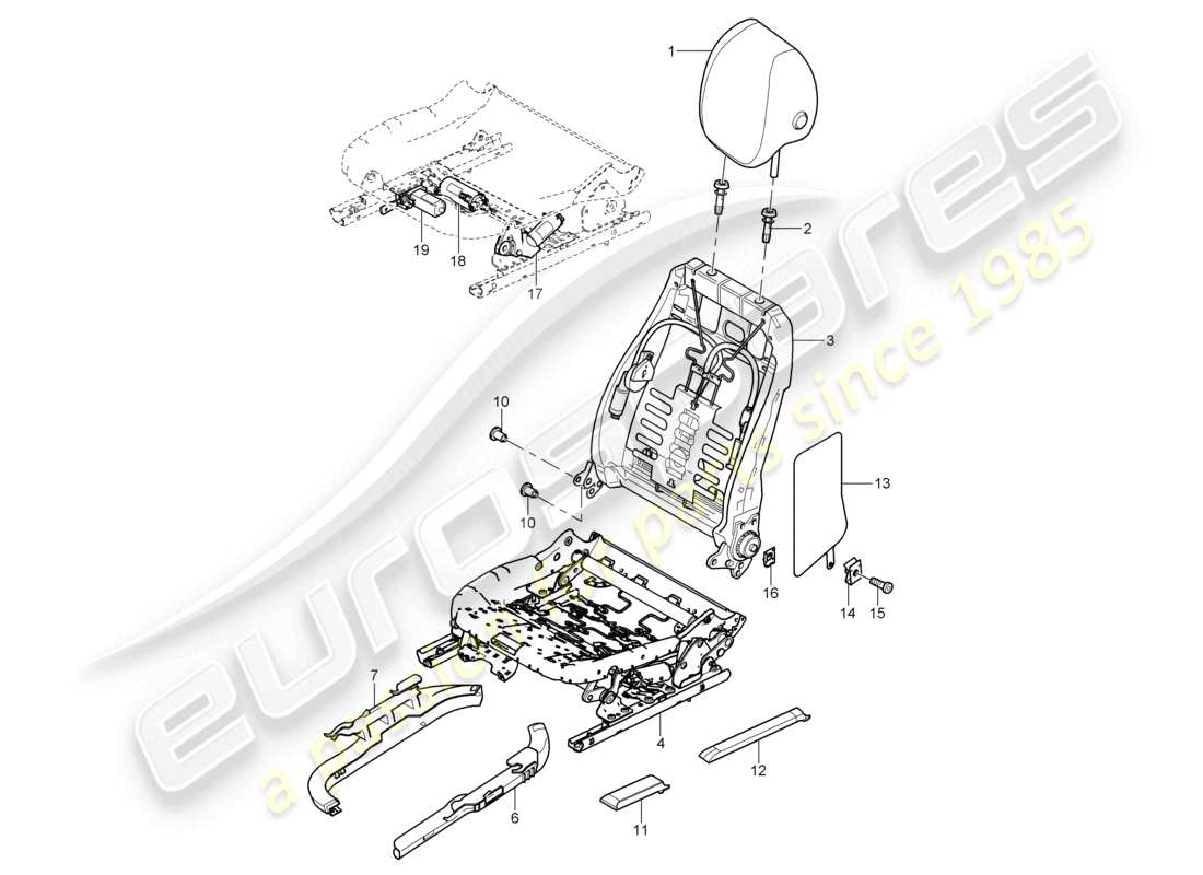 porsche 2010 (cayenne e1 9pa) backrest frame frame for seat parts diagram