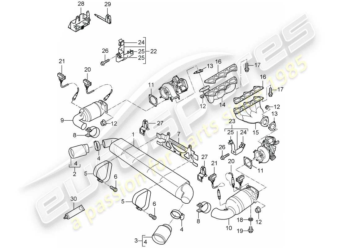 porsche 2009 997-2 turbo / gt2 exhaust system parts diagram