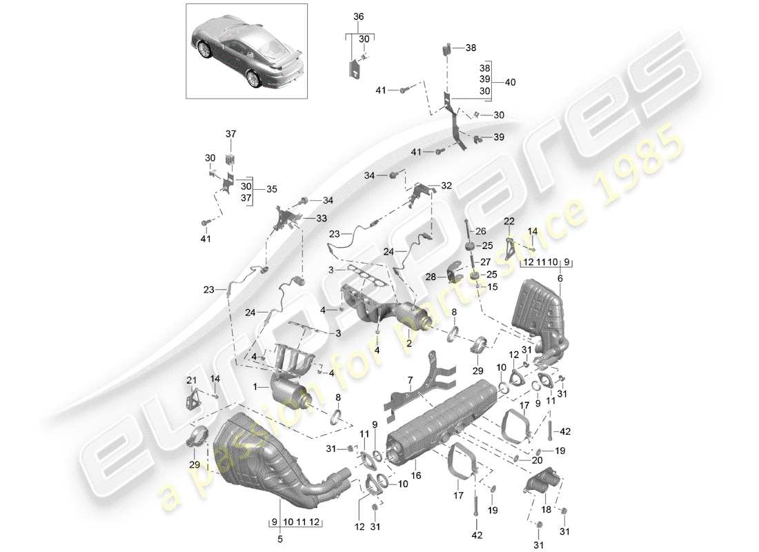 porsche 991r/gt3/rs (2017) exhaust system parts diagram
