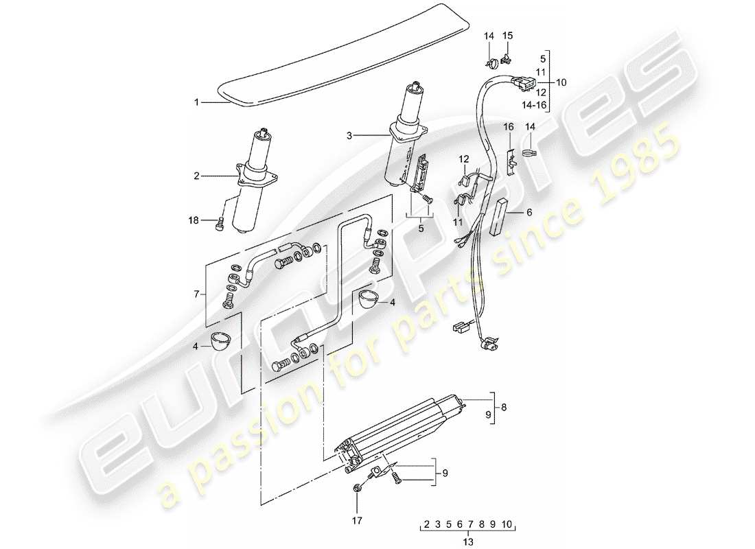 porsche 2005 (996 turbo / gt2) rear spoiler part diagram