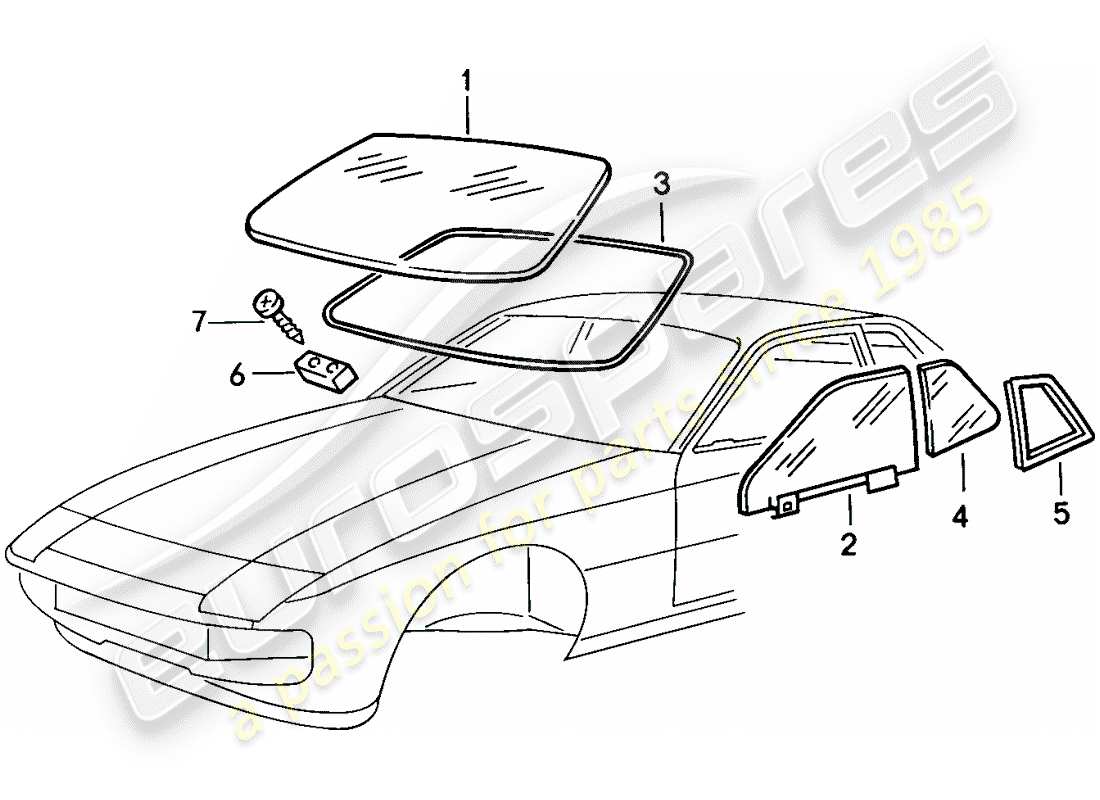 porsche 1986 (924s) window glazing parts diagram