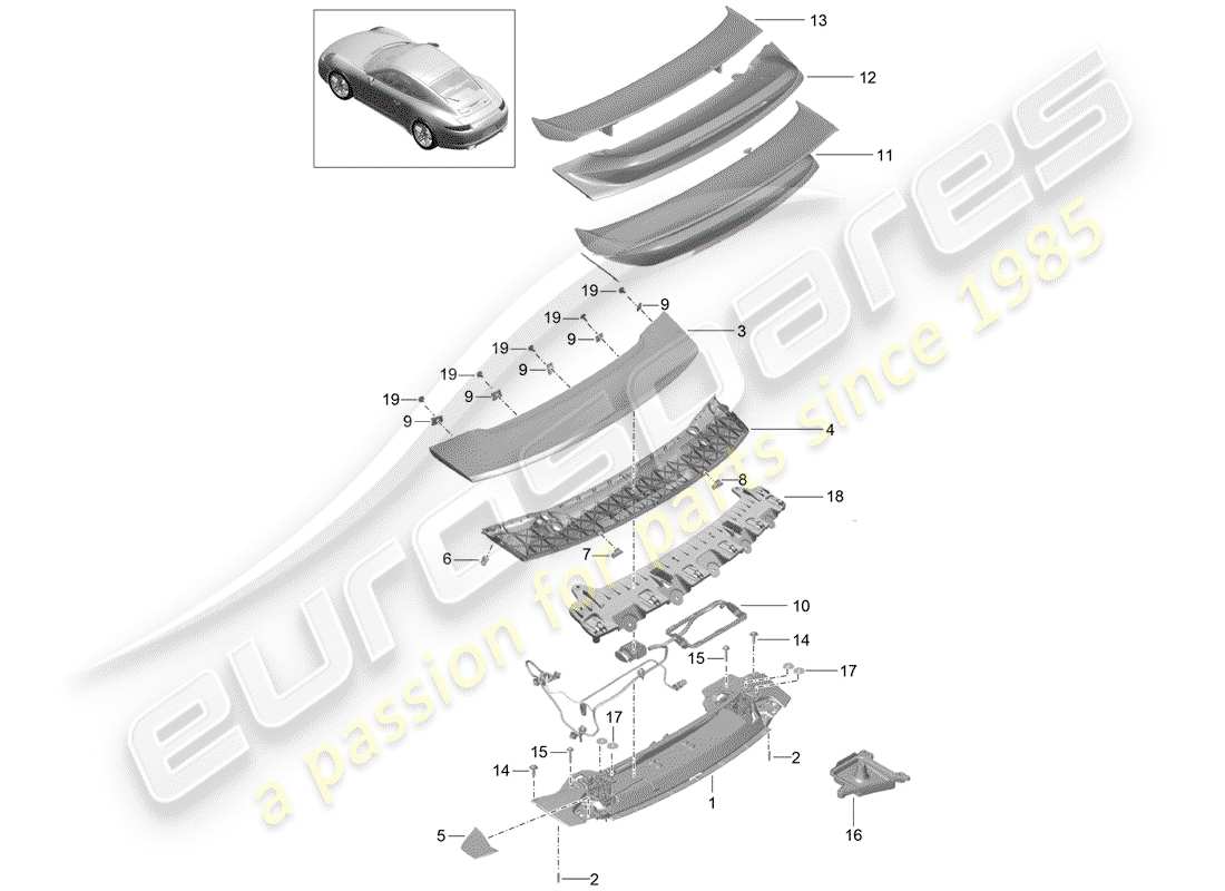 porsche 991 (2015) rear spoiler parts diagram