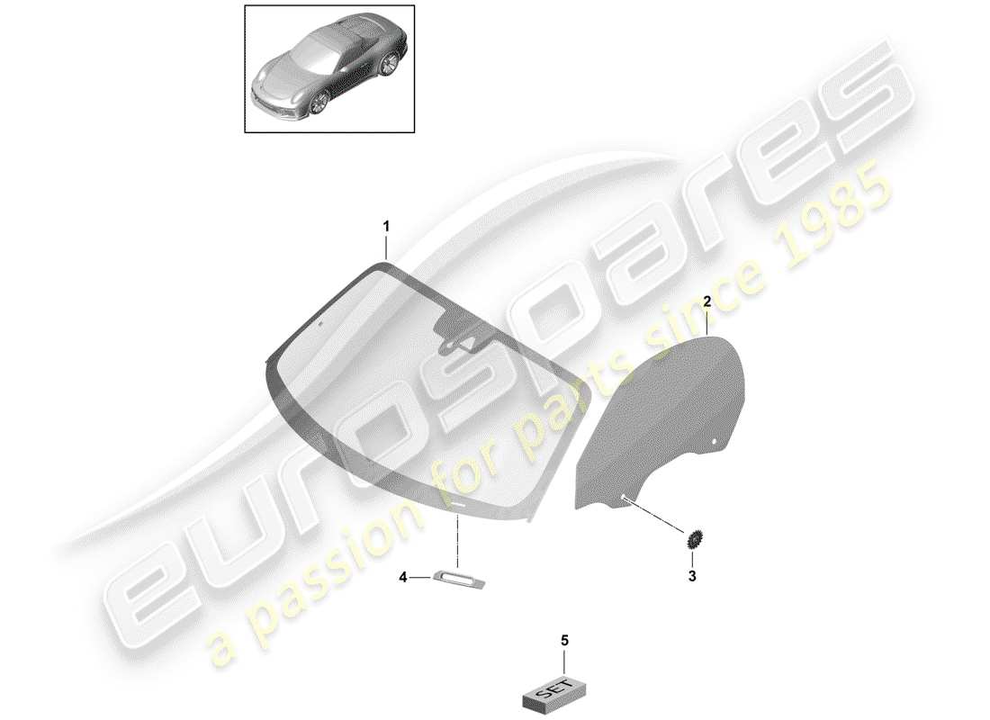 porsche 991r/gt3/rs (2015) windshield glass parts diagram