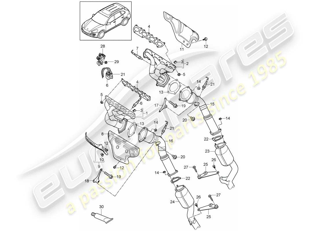 porsche 2016 (cayenne e2 92a) exhaust system exhaust manifolds catalytic converter part diagram