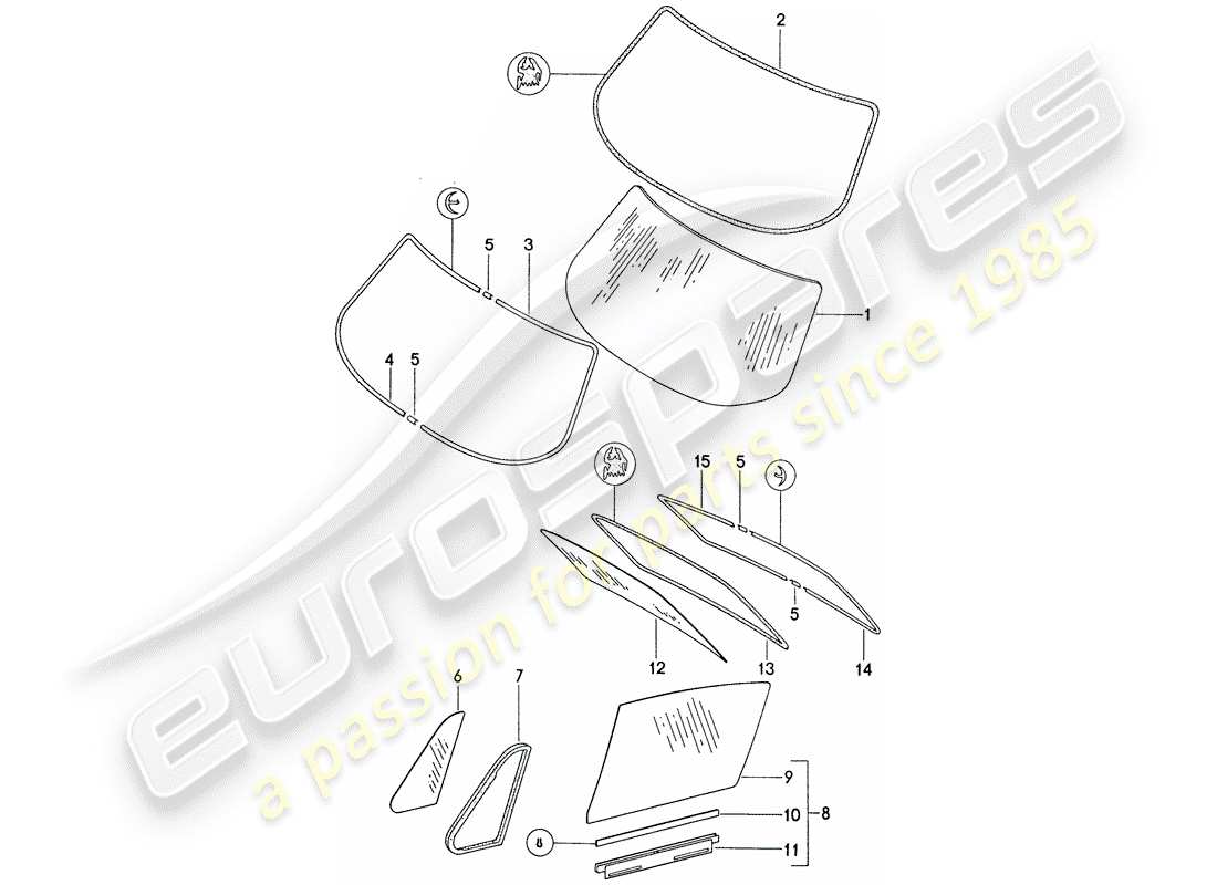 porsche 911 (1975) window glazing part diagram