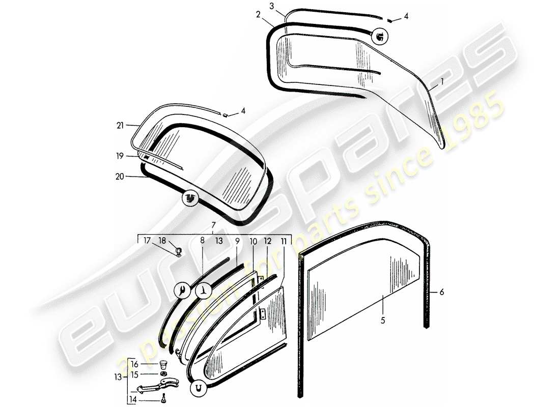 porsche 1953 (356/356a) window glazing part diagram