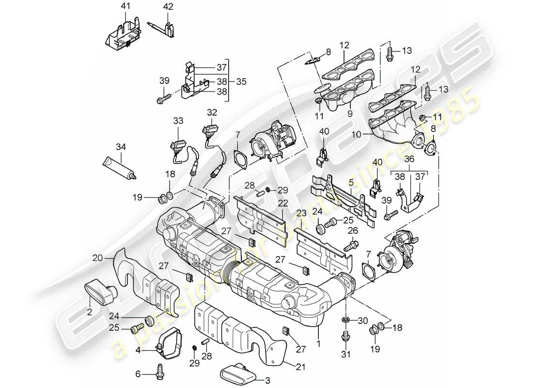 porsche 997 t/gt2 (2007) exhaust system parts diagram