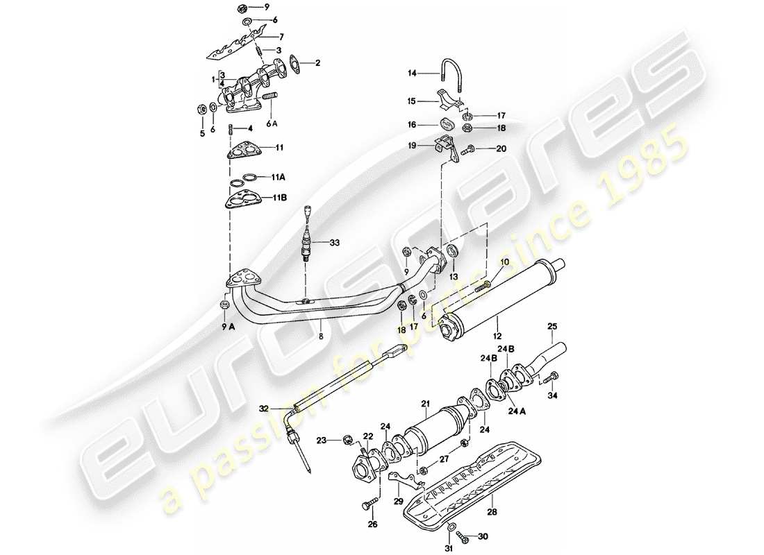 porsche 1985 (924) exhaust system - exhaust silencer, front parts diagram
