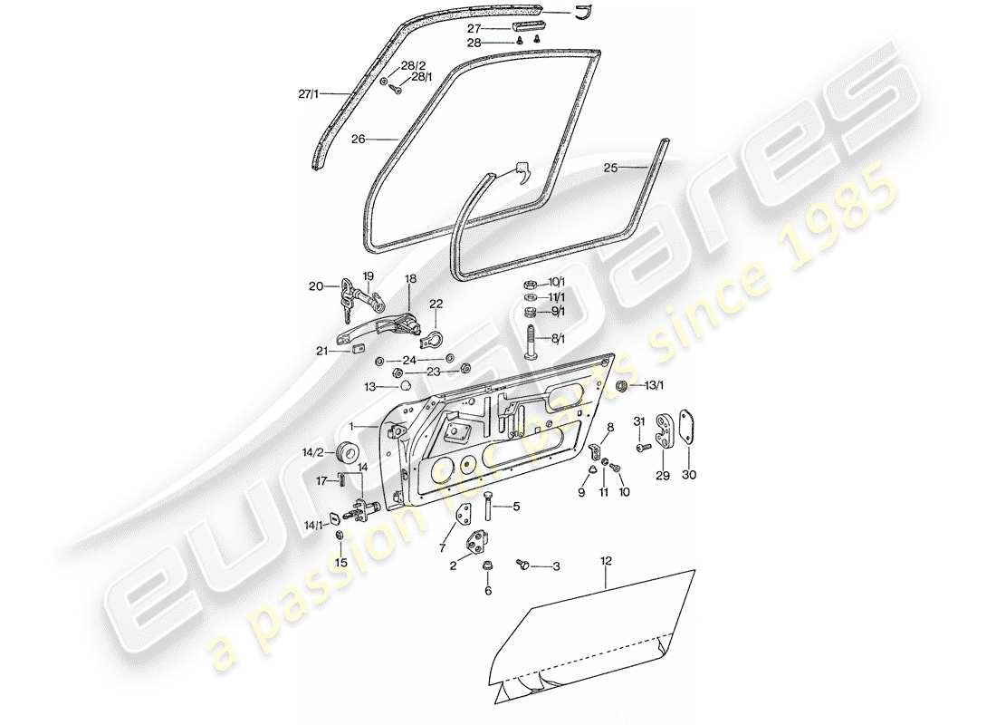 porsche 911 (1975) door - with installation parts part diagram