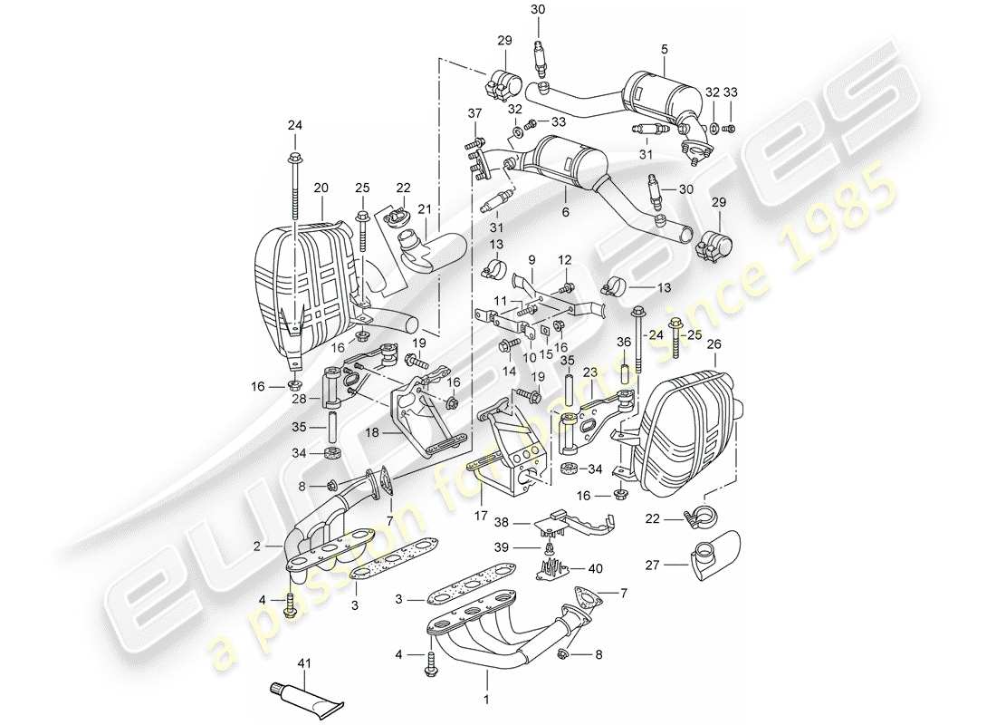 porsche 996 (1999) exhaust system parts diagram