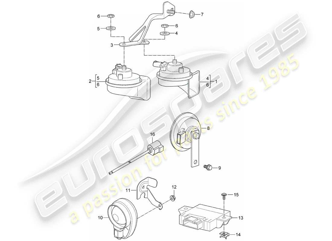 porsche 2007 (987 cayman) fanfare signal horn alarm system part diagram