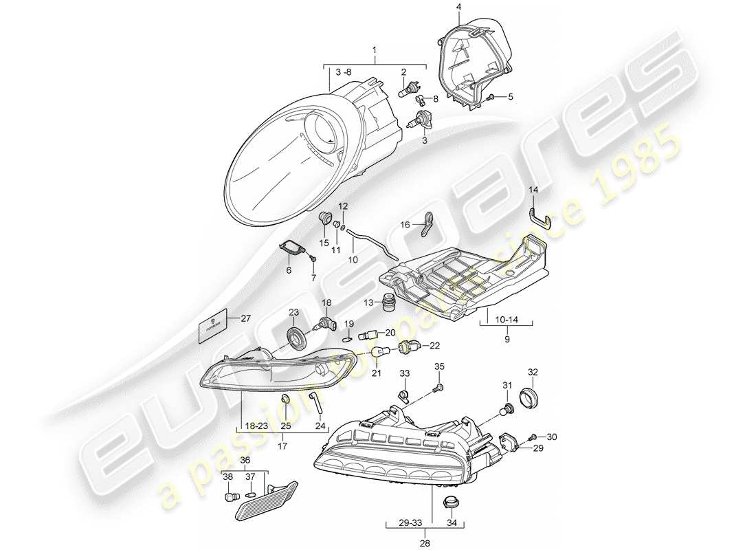 porsche 2007 (997-1 gt3) headlamp parts diagram