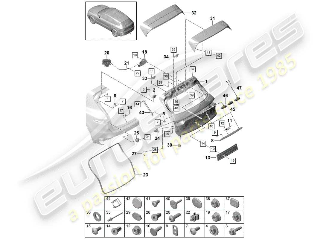 porsche 2020 (cayenne e3 9ya/9yb) rear lid part diagram