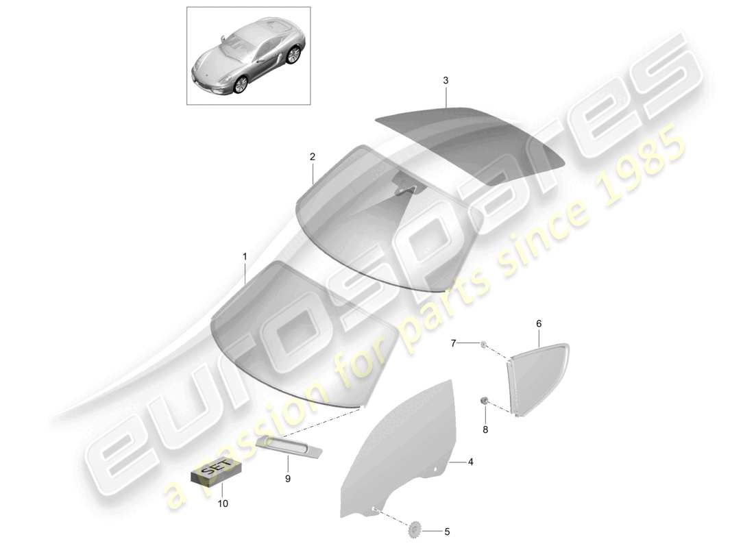 porsche 2016 (981 cayman) windscreen side window rear window part diagram