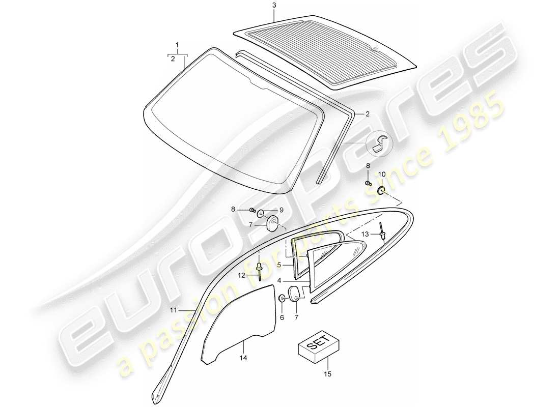 porsche 2007 (997-1 gt3) window glazing parts diagram
