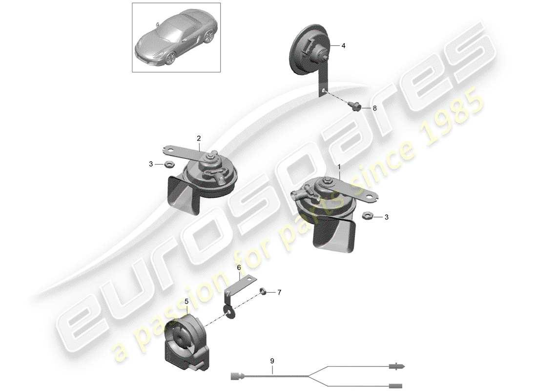 porsche 2014 (981 boxster) fanfare signal horn alarm system parts diagram