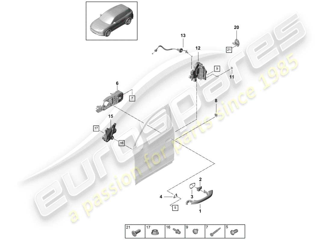 porsche 2020 (cayenne e3 9ya/9yb) door handle, exterior front door lock part diagram
