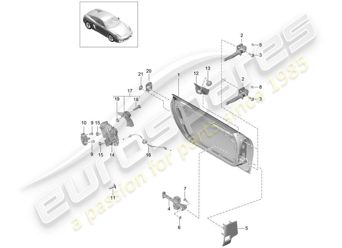 porsche 2016 (981 cayman) door shell with installation parts door lock part diagram