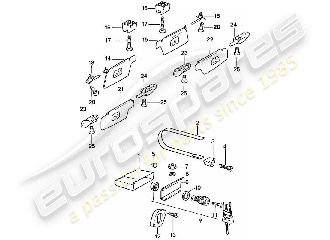 porsche 1981 (911) glove box - sun vizors part diagram