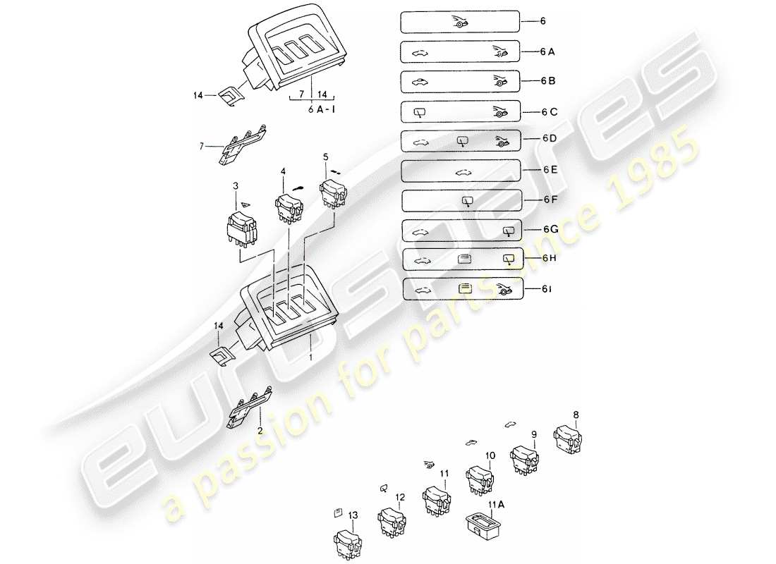 porsche 1994 (993) trim - switch - center console parts diagram