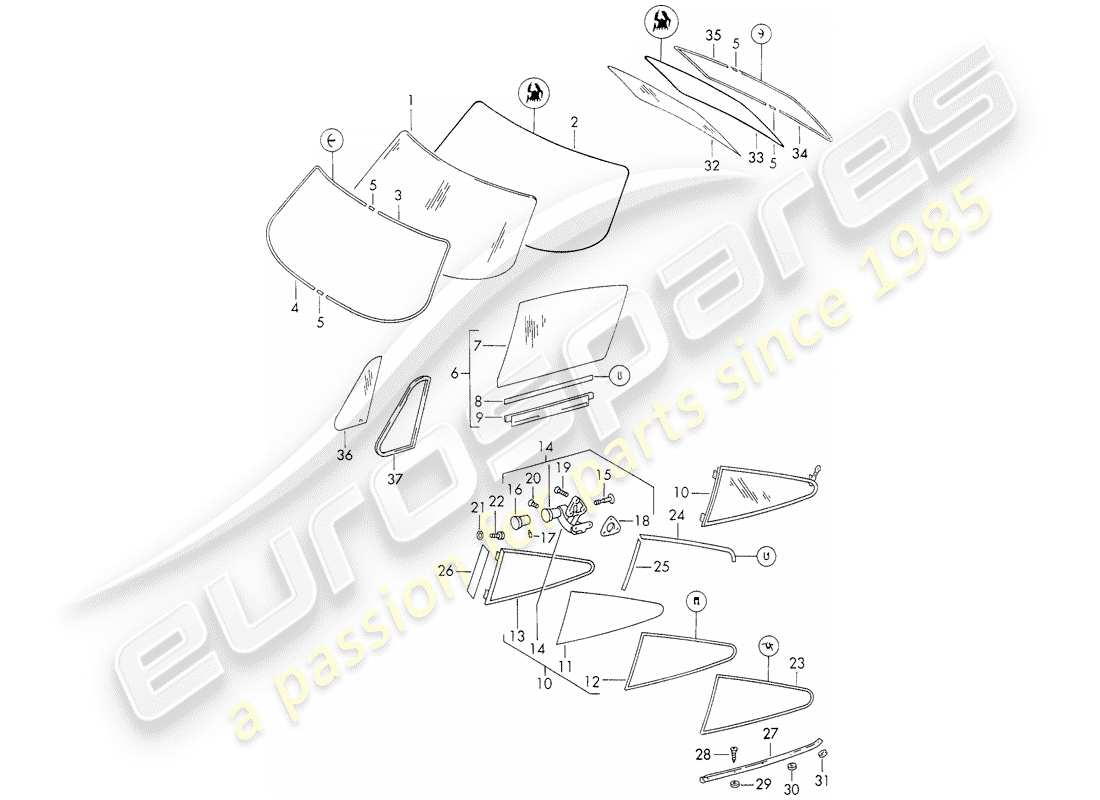 porsche 1972 (911) window glazing part diagram