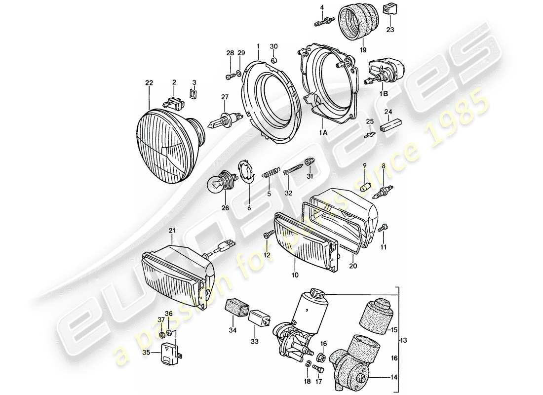 porsche 1987 (924s) headlamp - electric motor - pop-up headlight part diagram